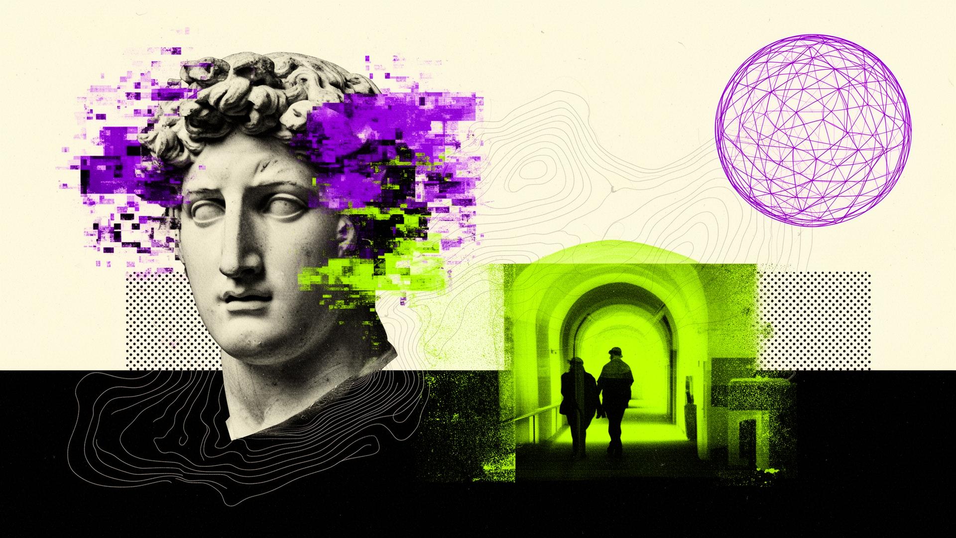 Liminal collage: classical statue fragmenting into purple glitch with a lime-lit archway